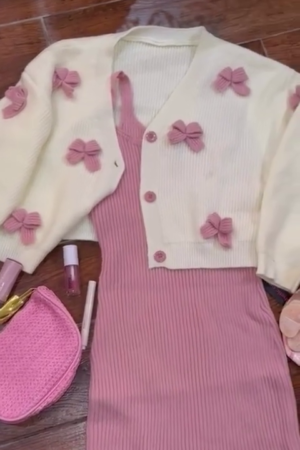 Pink & Cream Bow Detail Winter 2-Piece Set
