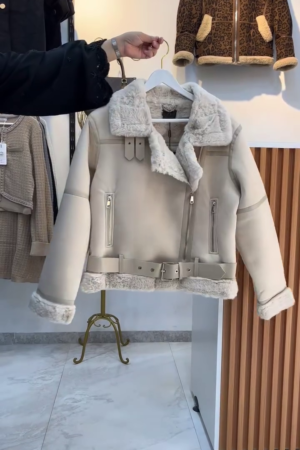 Cream Faux-Shearling Belted Jacket