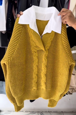 Mustard Cable-Knit Collared Sweater