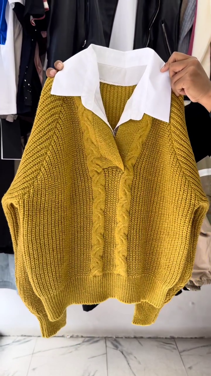 Mustard Cable-Knit Collared Sweater