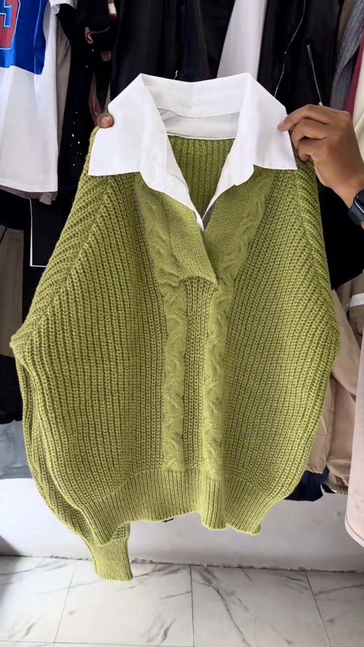Mustard Cable-Knit Collared Sweater - Image 6